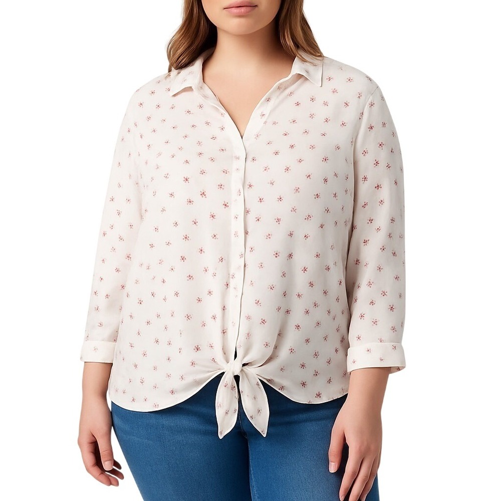 Lauren‎ Conrad Ivory Pink Doodle Print Tie Front Blouse 2XL Hearts Stars Moon